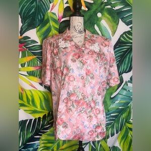 Vintage Adrian Delafield 20W Lightweight Pink White Ornate Button Sleek Blouse